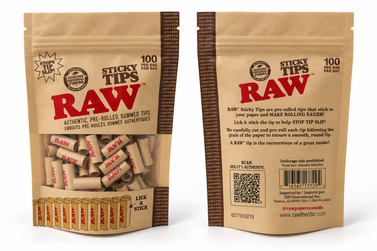 RAW PRE-ROLLED GUMMED "STICKY" TIPS, BAG/100