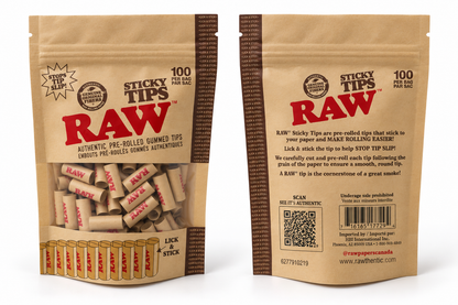 RAW PRE-ROLLED GUMMED "STICKY" TIPS, BAG/100