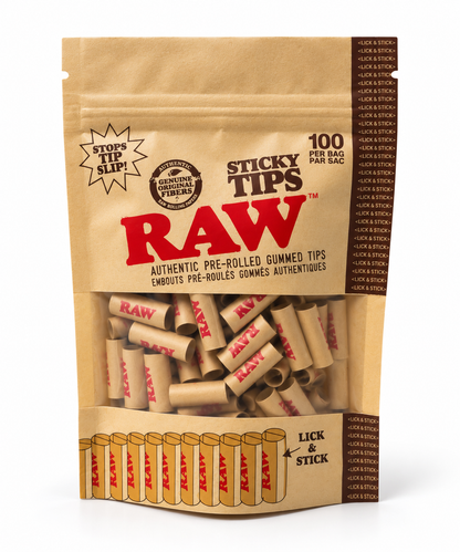 RAW PRE-ROLLED GUMMED "STICKY" TIPS, BAG/100
