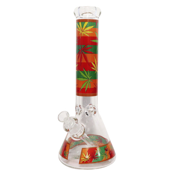 14" Water Pipe with Striped Rasta Leaf Design Ice Catcher and Beaker Base